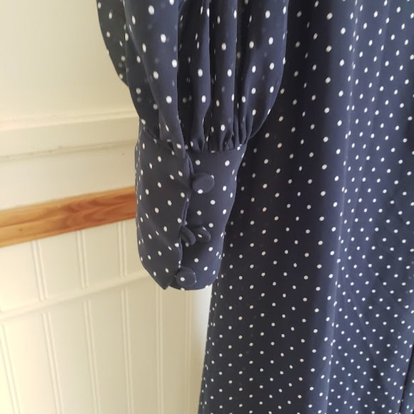 SOLD Michael Kors Womens Dress Large Polka Dot Georgette Tie-Neck Navy Poet Slv - Picture 8 of 12